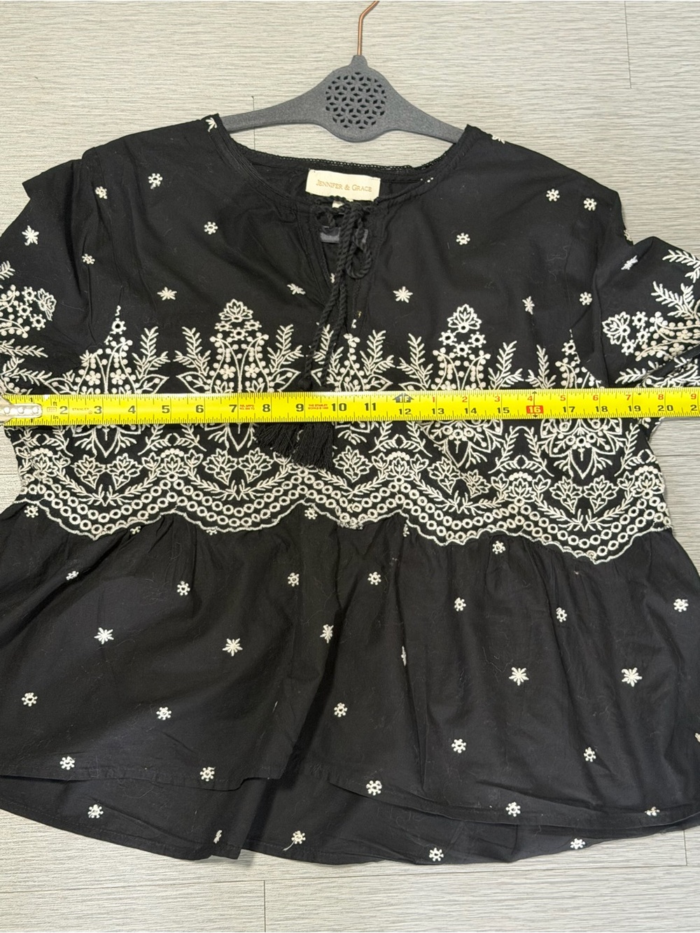 Jennifer & Grace Black Embroidered Boho Peasant Blouse Tassel Top Size M - Picture 4 of 10